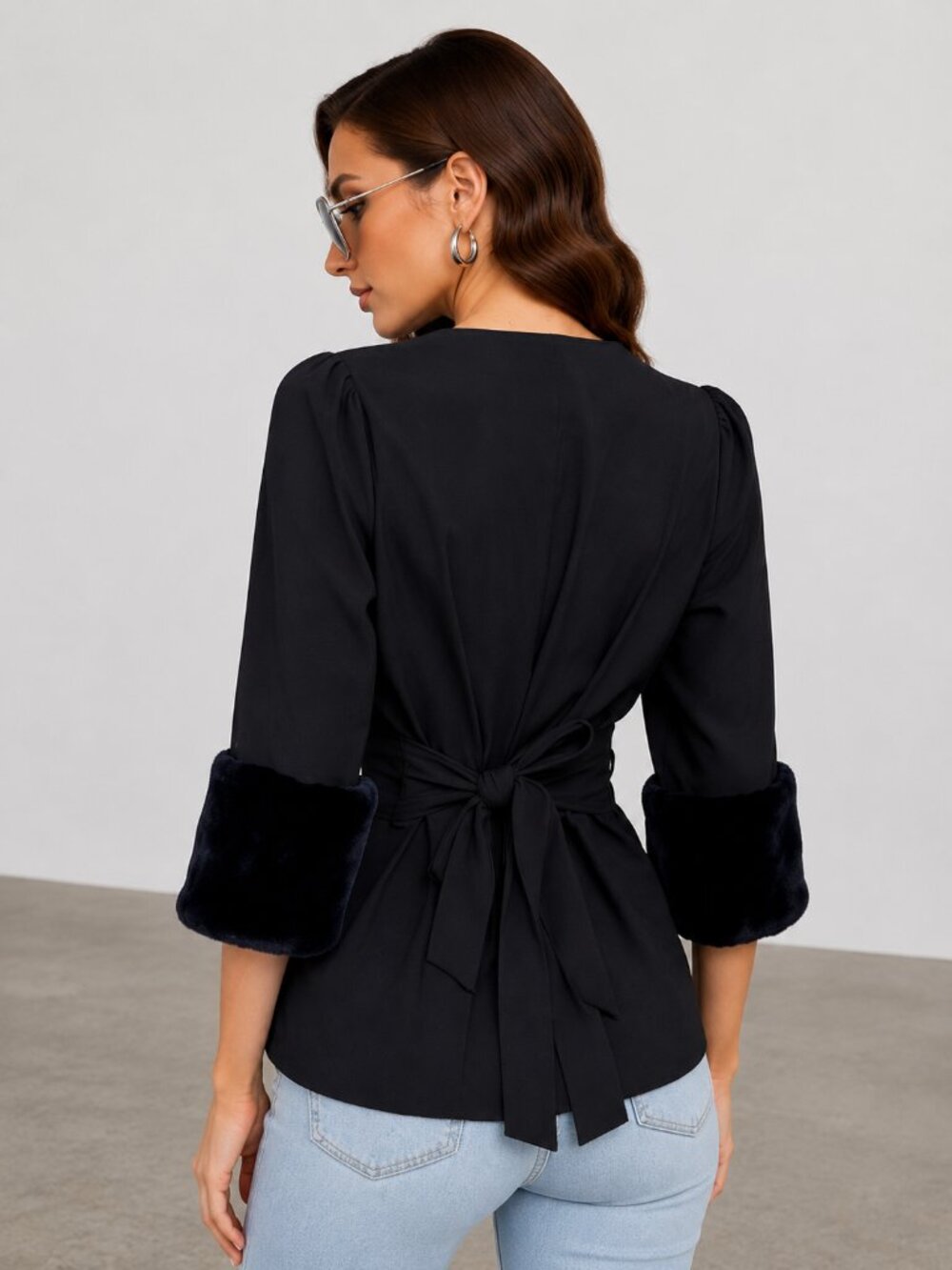 Black Luxe Faux Fur Sleeve Waist Tie Top NWT